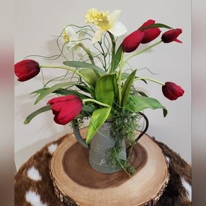Rustic Farmhouse Galvanized Watering Can Tulip Floral Arrangement